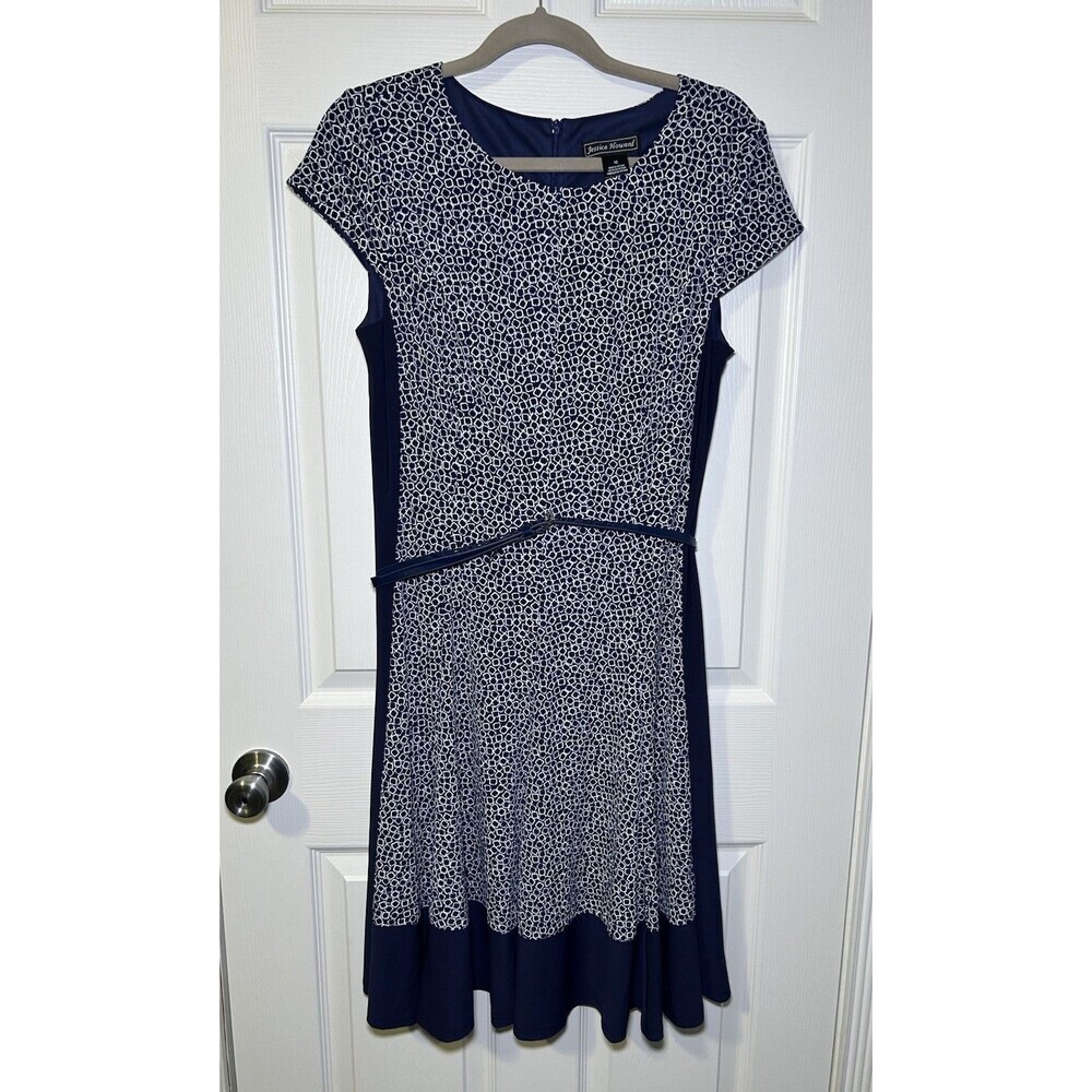 Jessica Howard Women’s Short Sleeve Belted Midi Dress Navy/White Size 10 NWOT